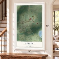 Perrin, Texas map, 24 x 36 inch print in a white frame by a staircase