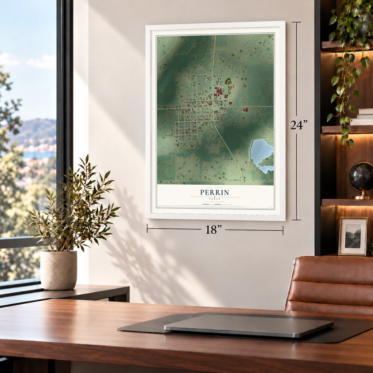 Perrin, Texas map, 18 x 24 inch print in a white frame in a home office