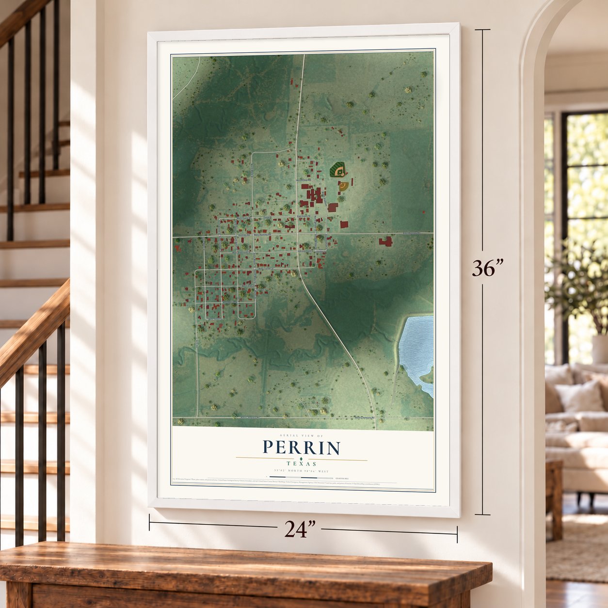 Perrin, Texas map, 24 x 36 inch print in a white frame by a staircase
