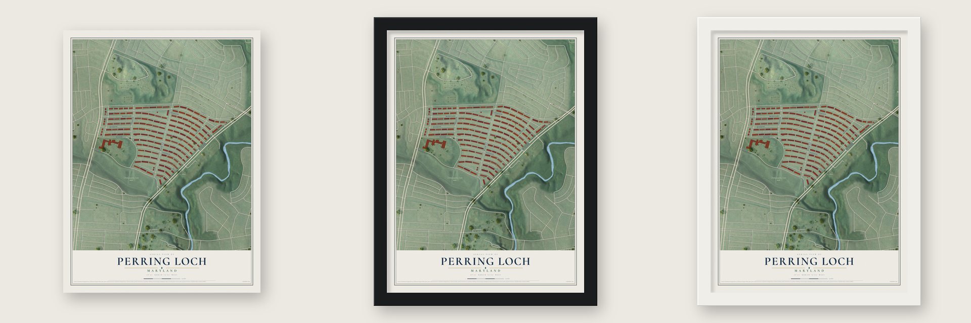 Perring Loch, Maryland map unframed, in a black wood frame and in a white wood frame