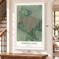 Perring Loch, Maryland map, 24 x 36 inch print in a white frame by a staircase