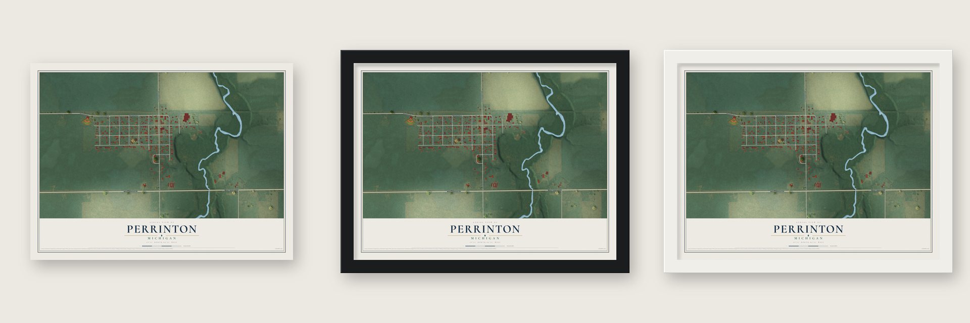 Perrinton, Michigan map unframed, in a black wood frame and in a white wood frame