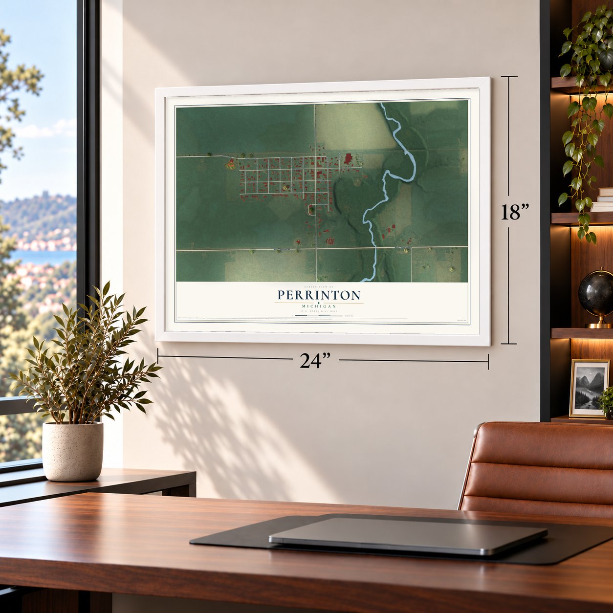 Perrinton, Michigan map, 18 x 24 inch print in a white frame in a home office