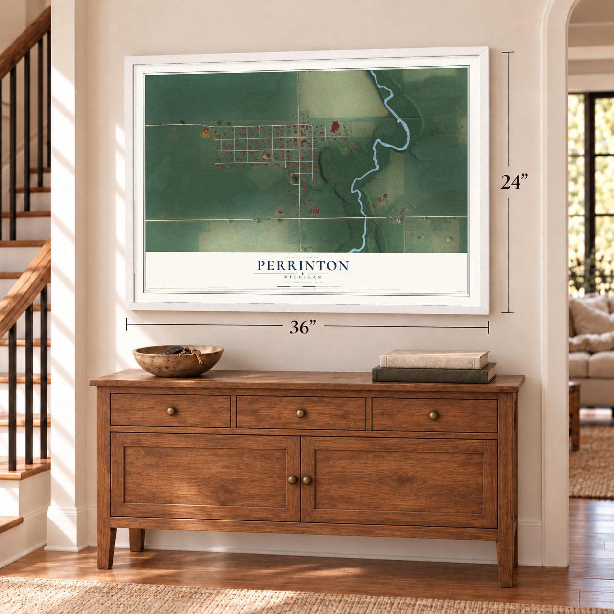 Perrinton, Michigan map, 24 x 36 inch print in a white frame above a dresser by a staircase