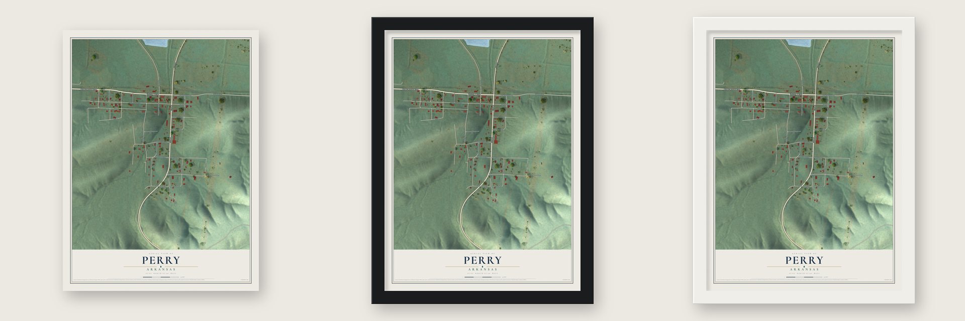 Perry, Arkansas map unframed, in a black wood frame and in a white wood frame
