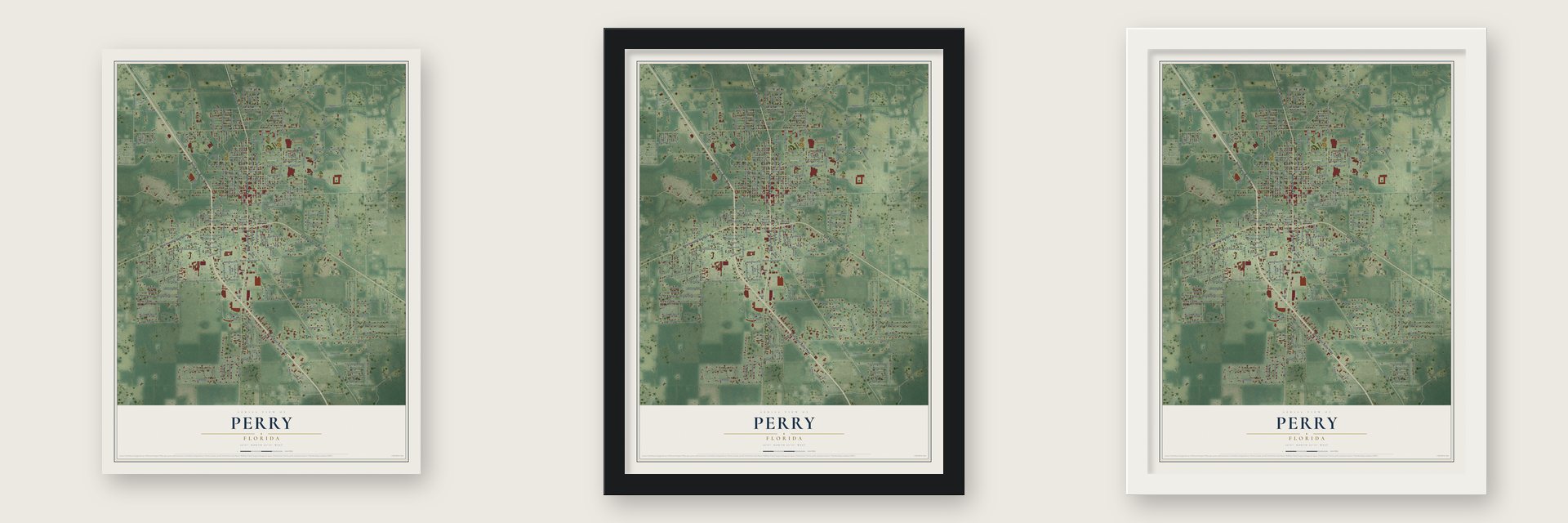Perry, Florida map unframed, in a black wood frame and in a white wood frame