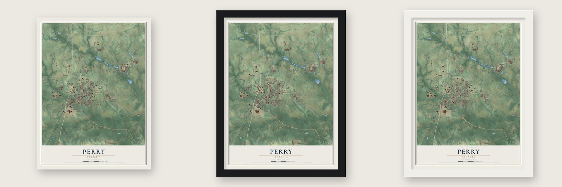 Perry, Georgia map unframed, in a black wood frame and in a white wood frame