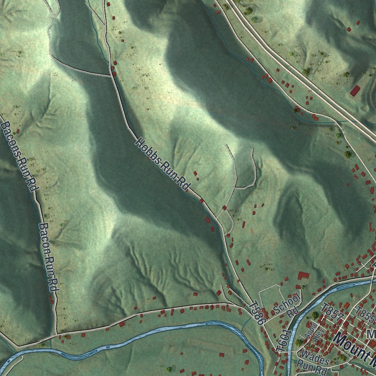 Second close-up of the map of Perry, Greene County, Pennsylvania print showing more streets and buildings