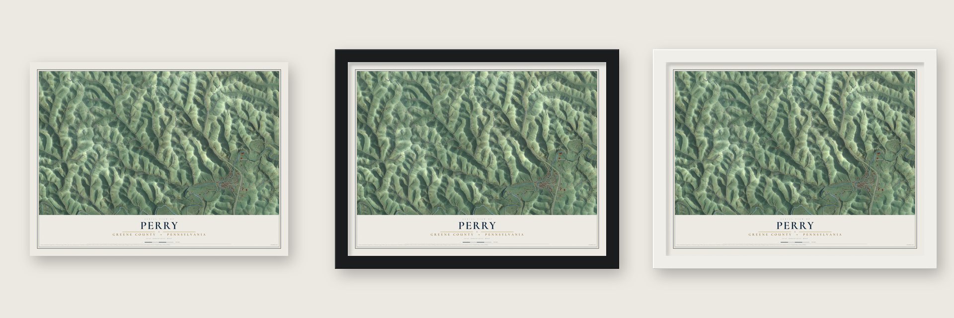 Perry, Greene County, Pennsylvania map unframed, in a black wood frame and in a white wood frame