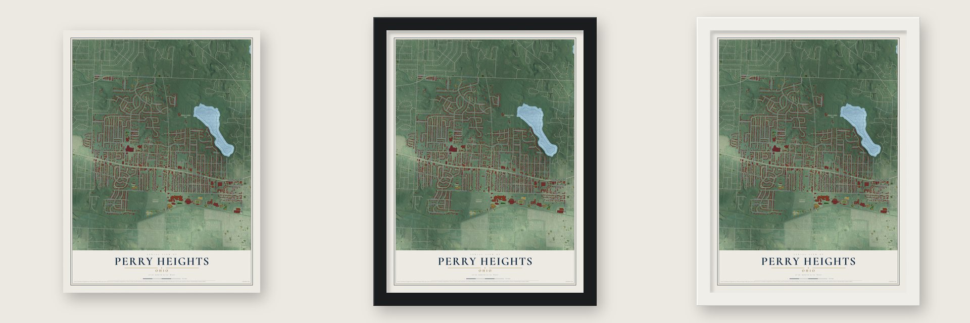 Perry Heights, Ohio map unframed, in a black wood frame and in a white wood frame