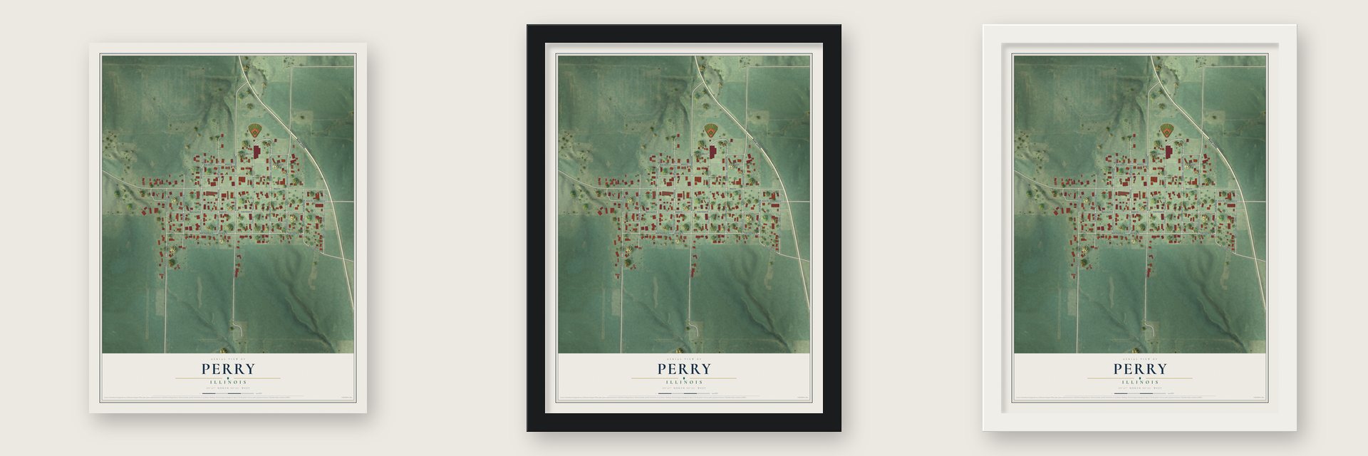 Perry, Illinois map unframed, in a black wood frame and in a white wood frame