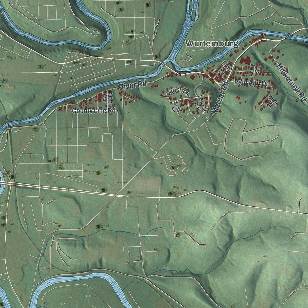 Second close-up of the map of Perry, Lawrence County, Pennsylvania print showing more streets and buildings