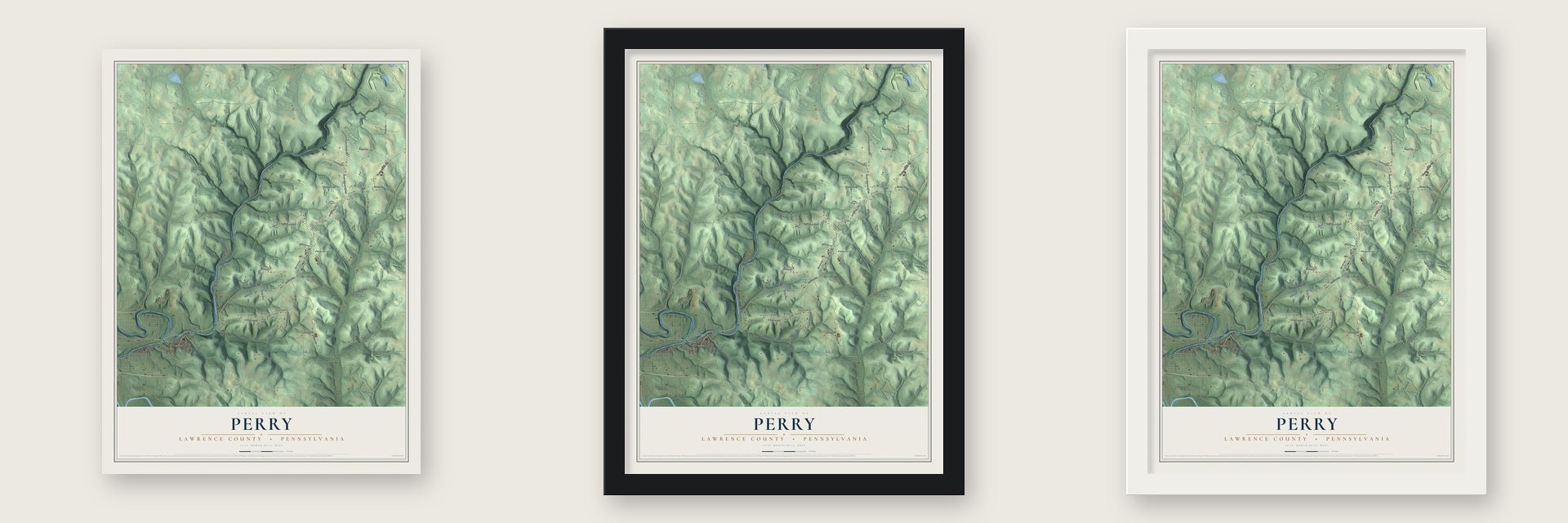 Perry, Lawrence County, Pennsylvania map unframed, in a black wood frame and in a white wood frame