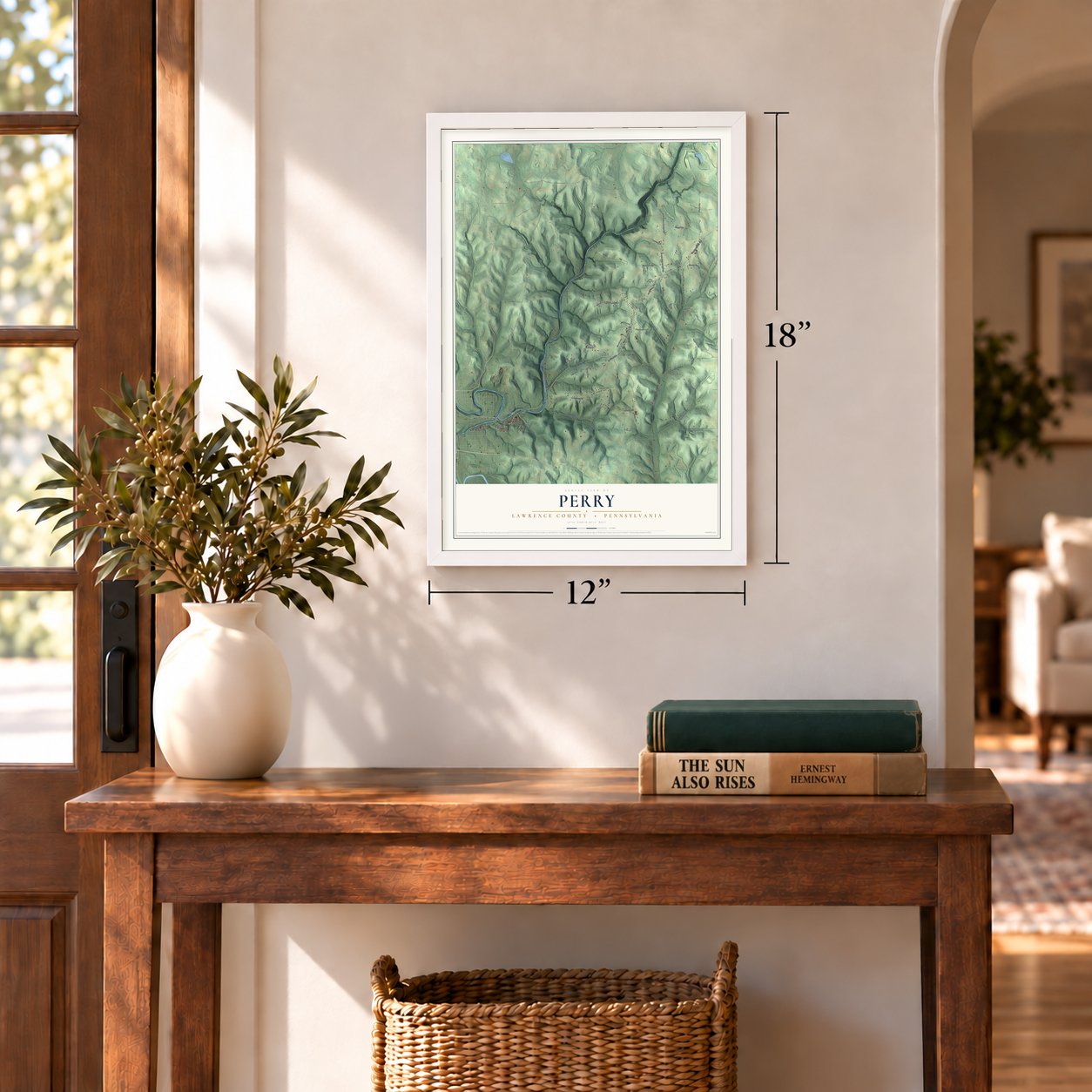 Perry, Lawrence County, Pennsylvania map, 12 x 18 inch print in a white frame in an entryway