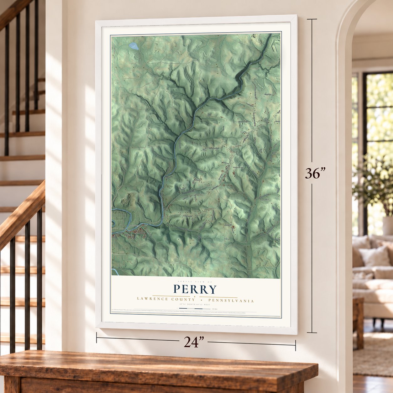 Perry, Lawrence County, Pennsylvania map, 24 x 36 inch print in a white frame by a staircase