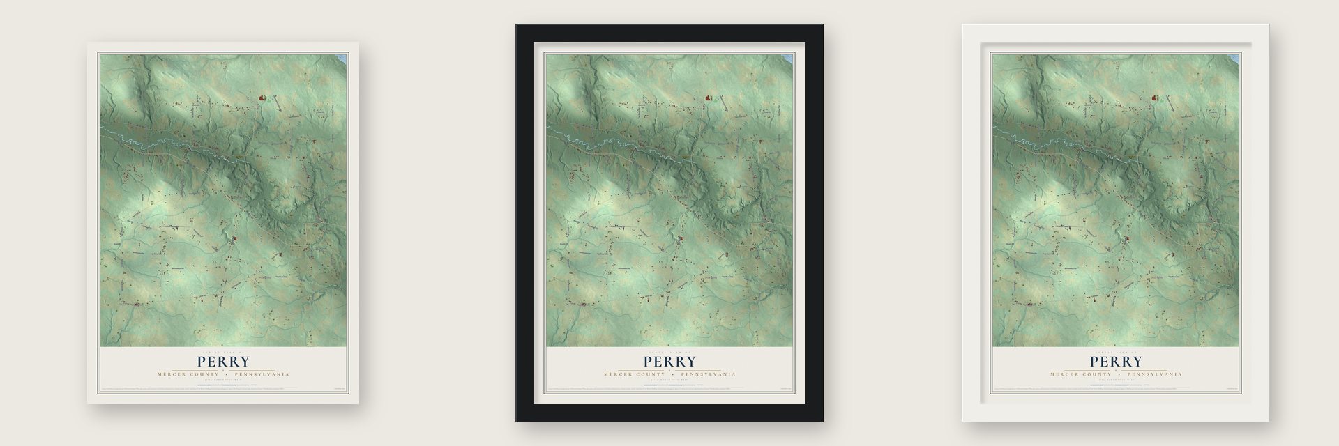 Perry, Mercer County, Pennsylvania map unframed, in a black wood frame and in a white wood frame
