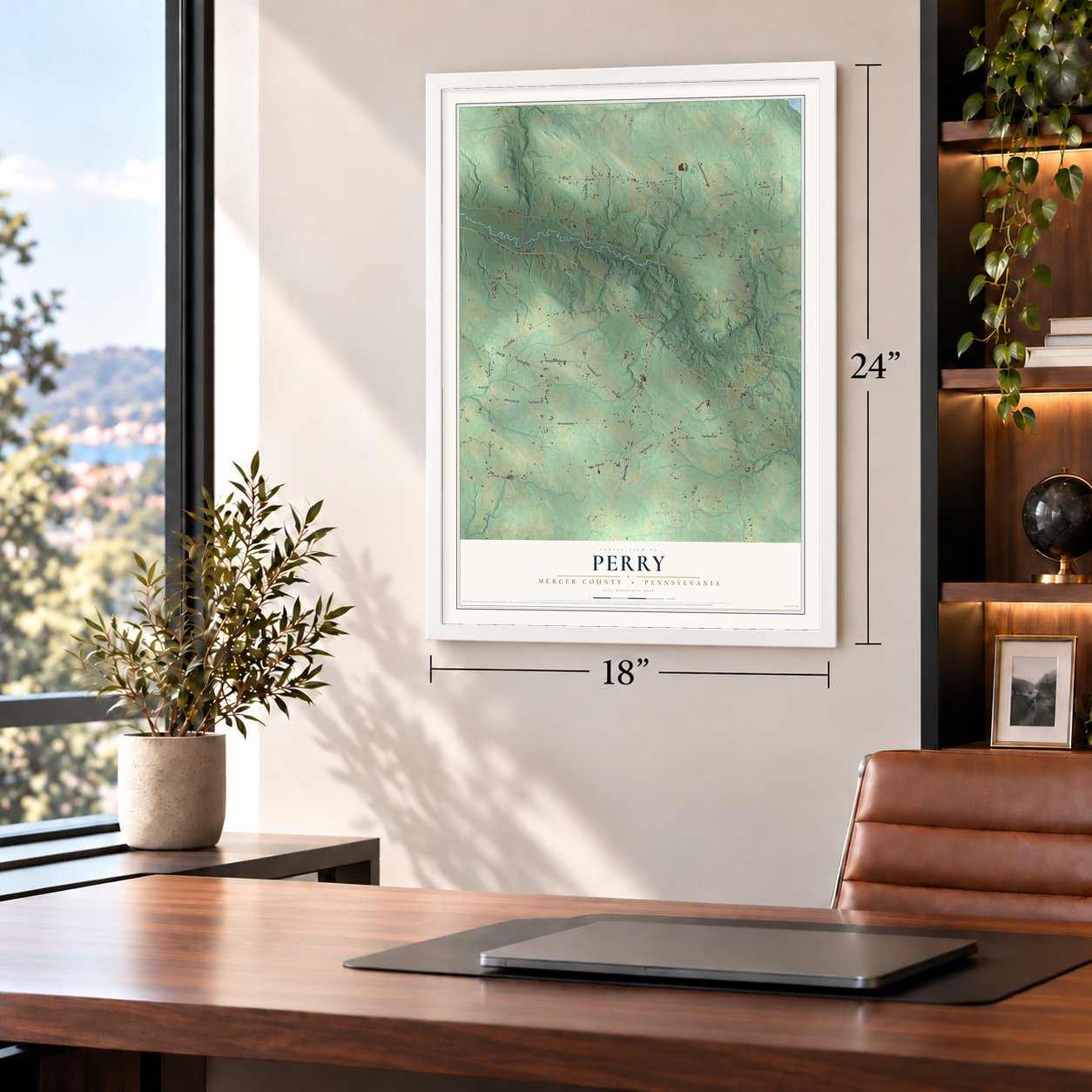 Perry, Mercer County, Pennsylvania map, 18 x 24 inch print in a white frame in a home office