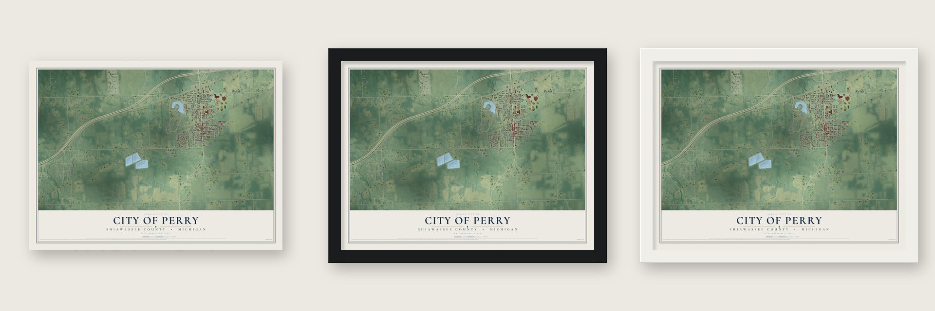 Perry, Michigan map unframed, in a black wood frame and in a white wood frame
