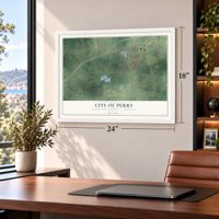 Perry, Michigan map, 18 x 24 inch print in a white frame in a home office