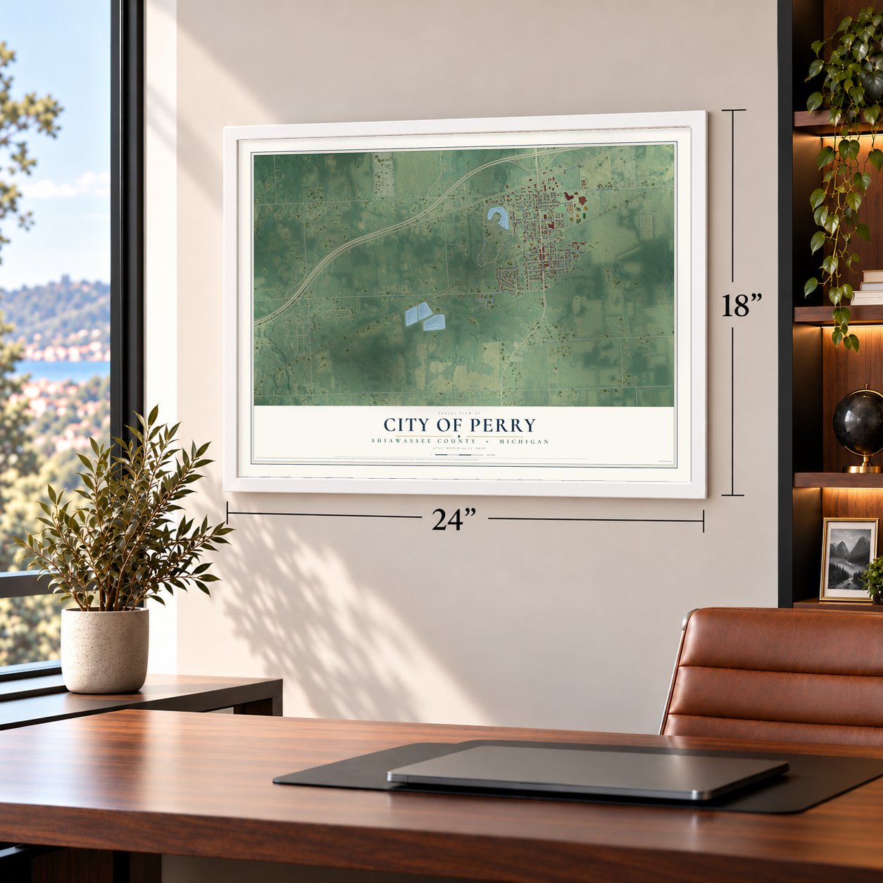 Perry, Michigan map, 18 x 24 inch print in a white frame in a home office
