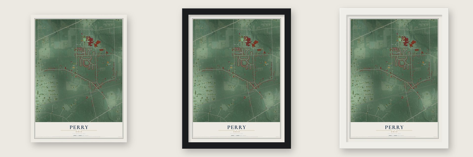 Perry, Ohio map unframed, in a black wood frame and in a white wood frame