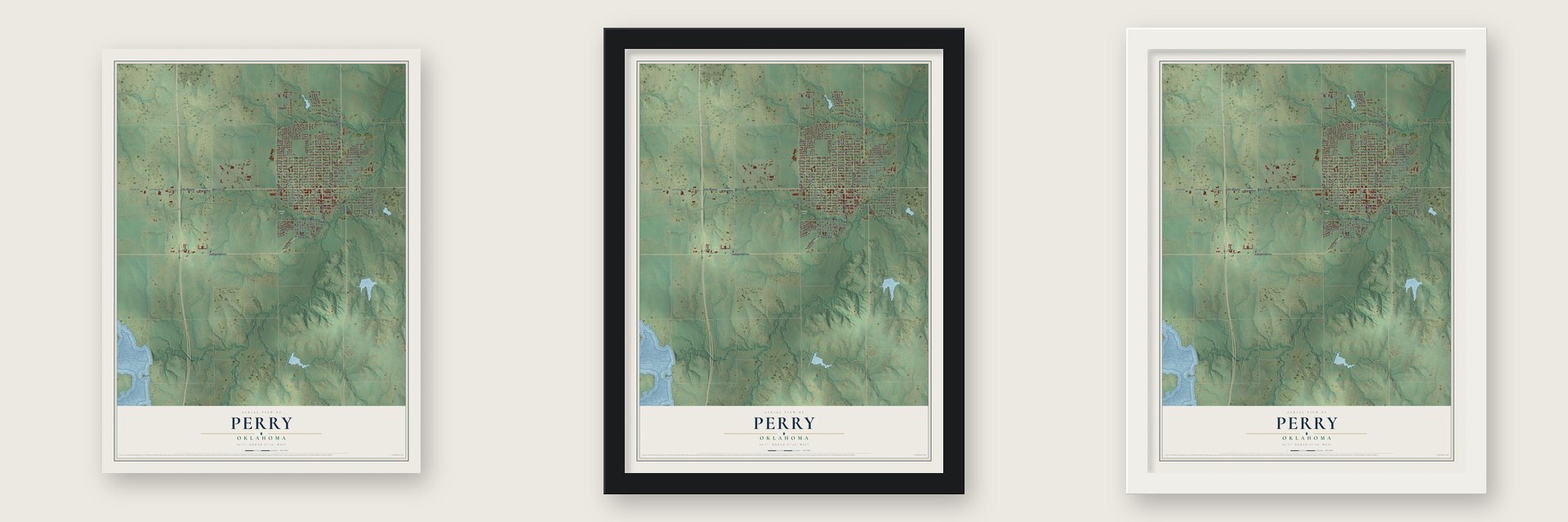 Perry, Oklahoma map unframed, in a black wood frame and in a white wood frame