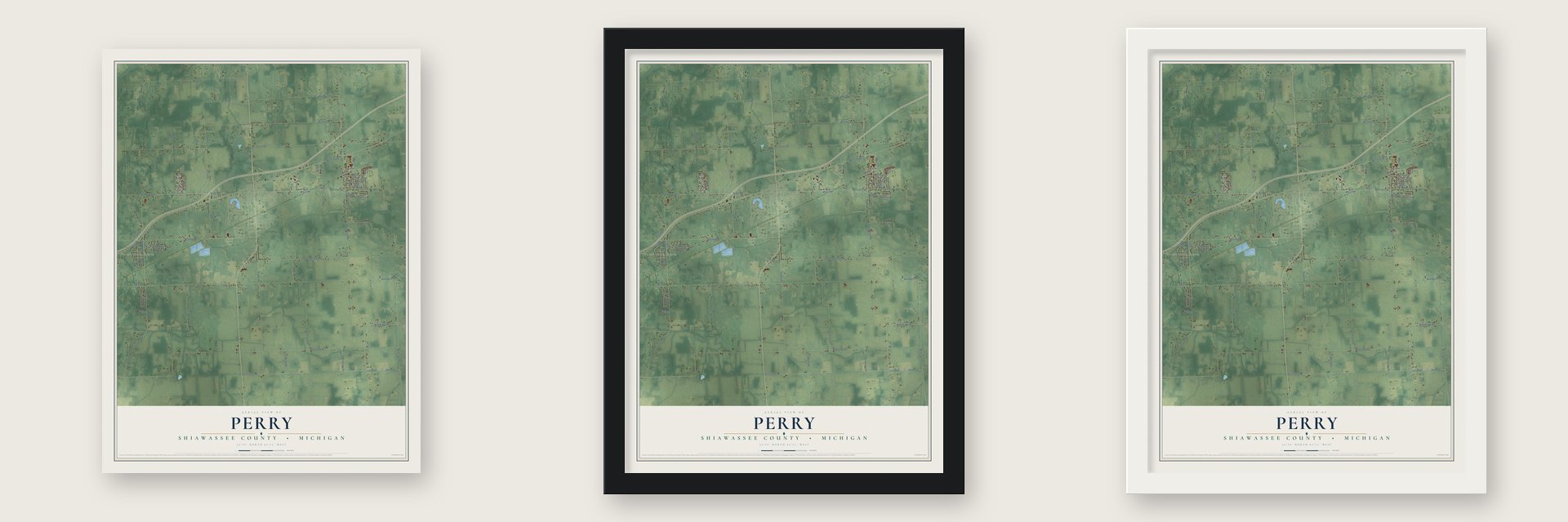 Perry, Shiawassee County, Michigan map unframed, in a black wood frame and in a white wood frame