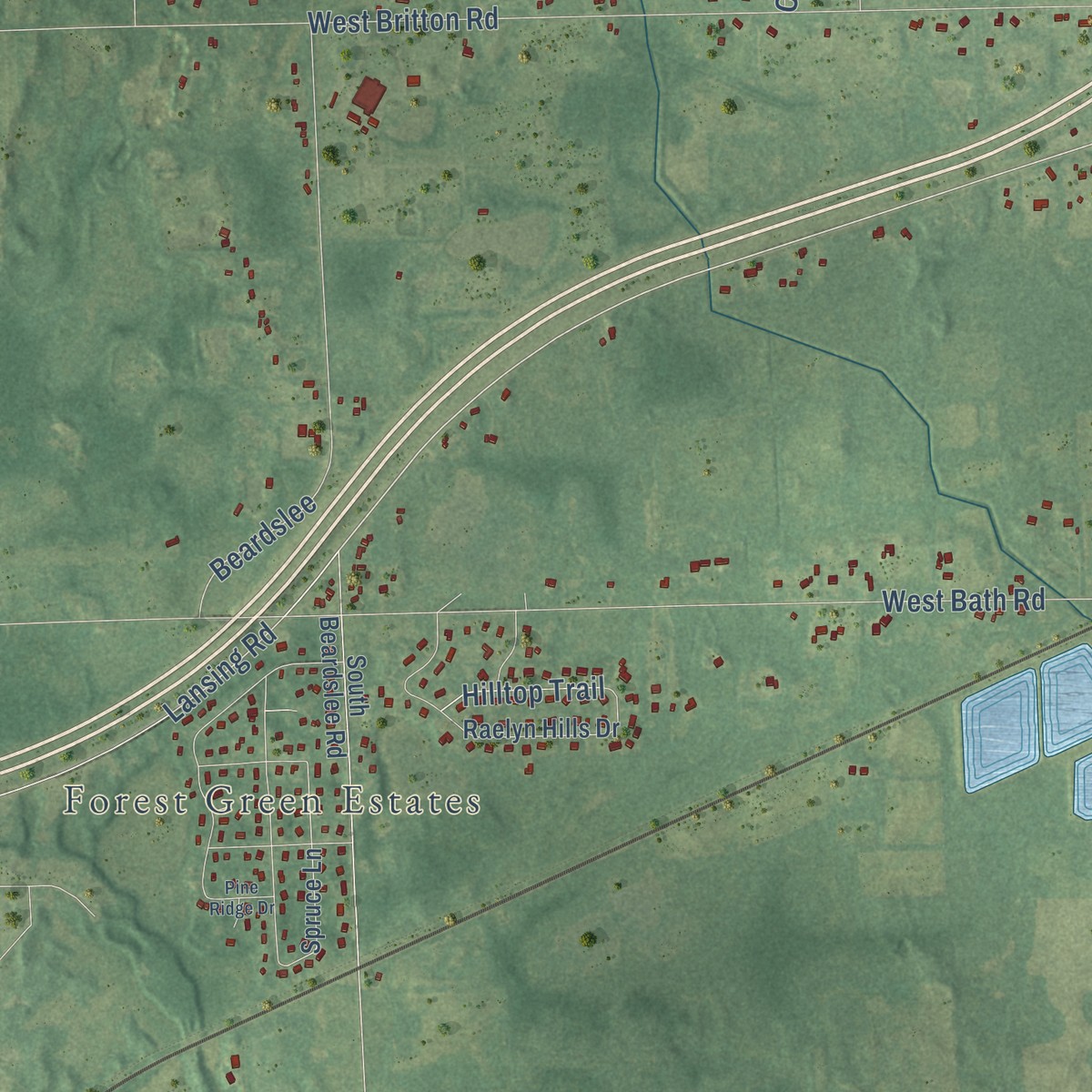 Second close-up of the map of Perry, Shiawassee County, Michigan print showing more streets and buildings