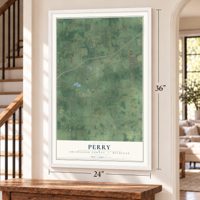 Perry, Shiawassee County, Michigan map, 24 x 36 inch print in a white frame by a staircase