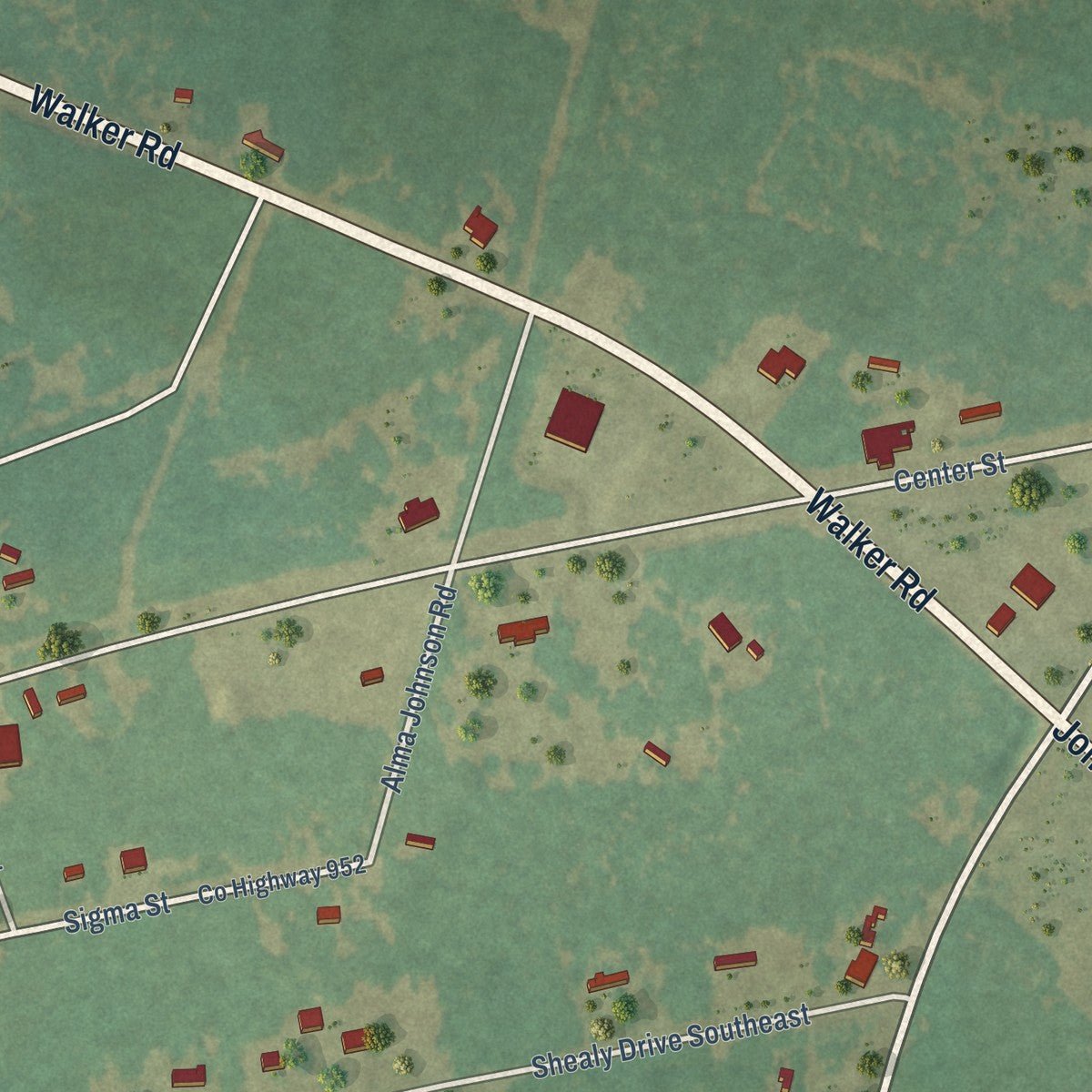 Second close-up of the map of Perry, South Carolina print showing more streets and buildings