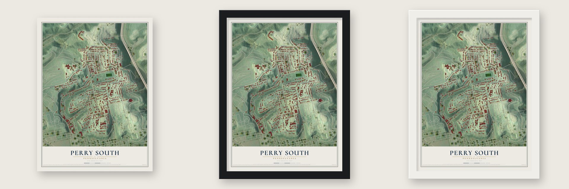 Perry South, Pennsylvania map unframed, in a black wood frame and in a white wood frame