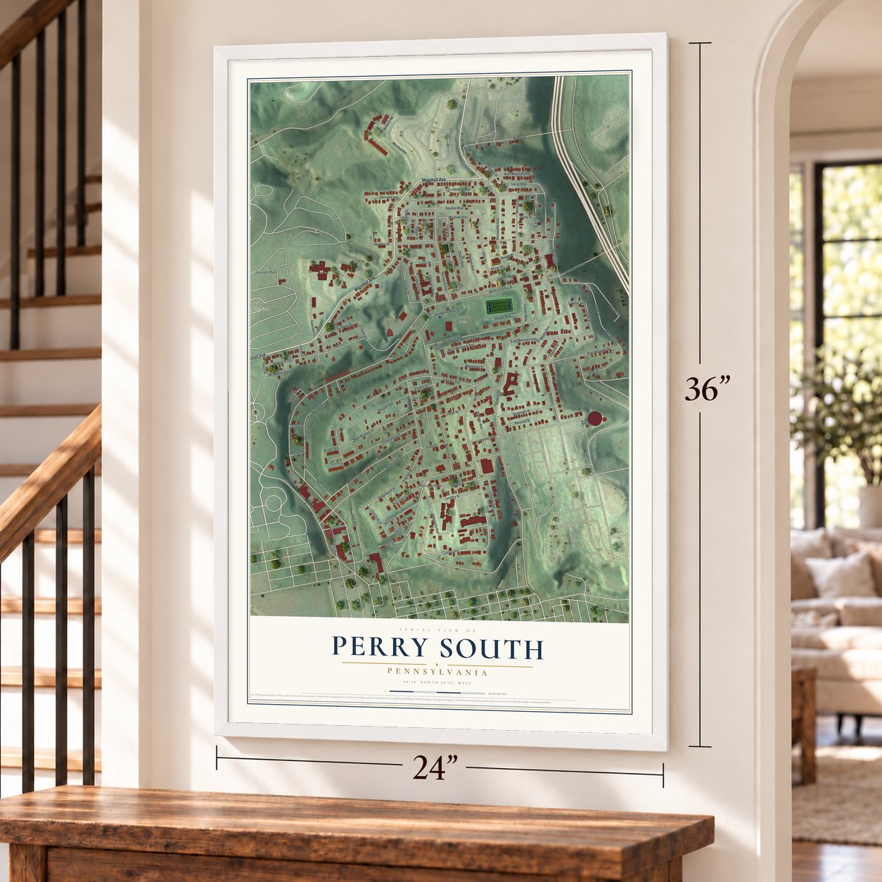 Perry South, Pennsylvania map, 24 x 36 inch print in a white frame by a staircase