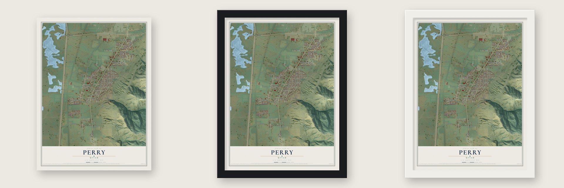 Perry, Utah map unframed, in a black wood frame and in a white wood frame