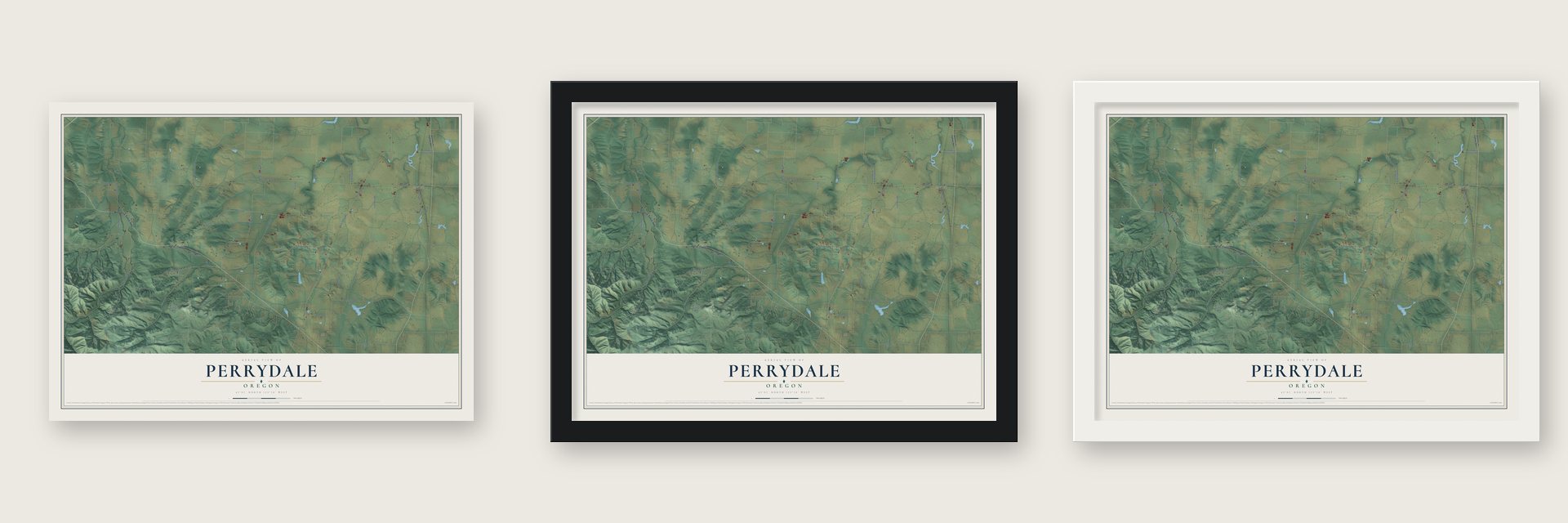 Perrydale, Oregon map unframed, in a black wood frame and in a white wood frame