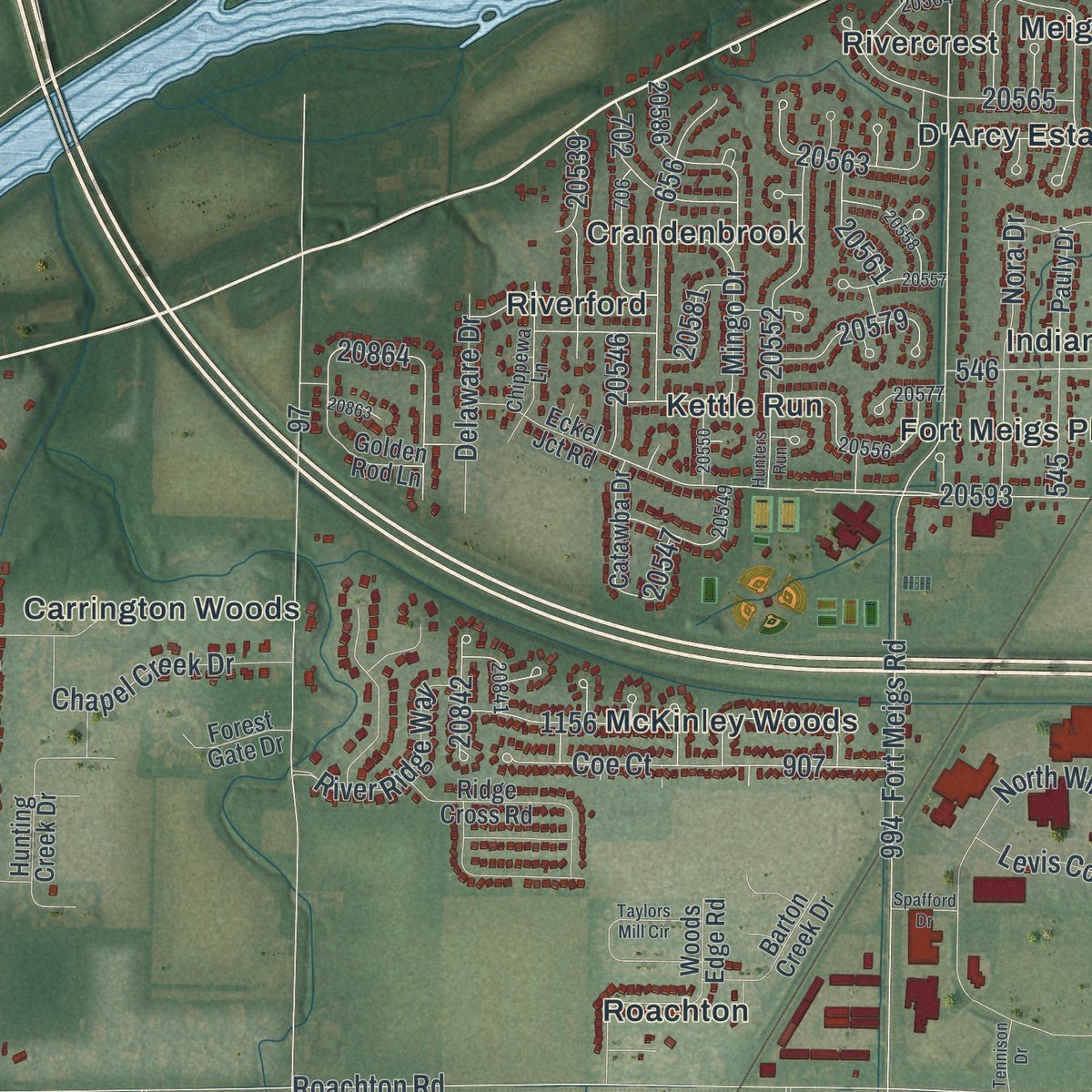 Second close-up of the map of Perrysburg, Ohio print showing more streets and buildings