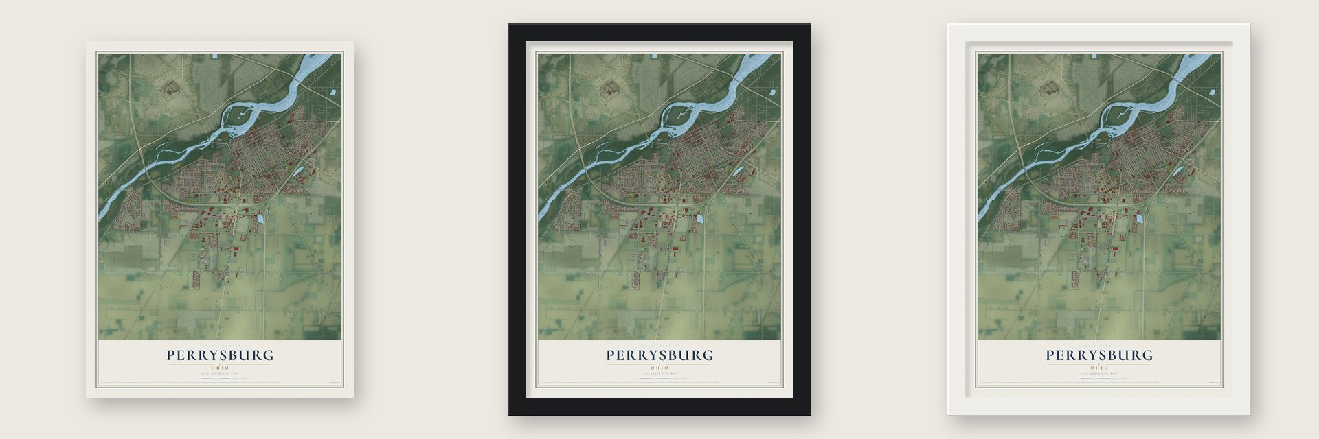 Perrysburg, Ohio map unframed, in a black wood frame and in a white wood frame
