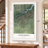 Perrysburg, Ohio map, 24 x 36 inch print in a white frame by a staircase