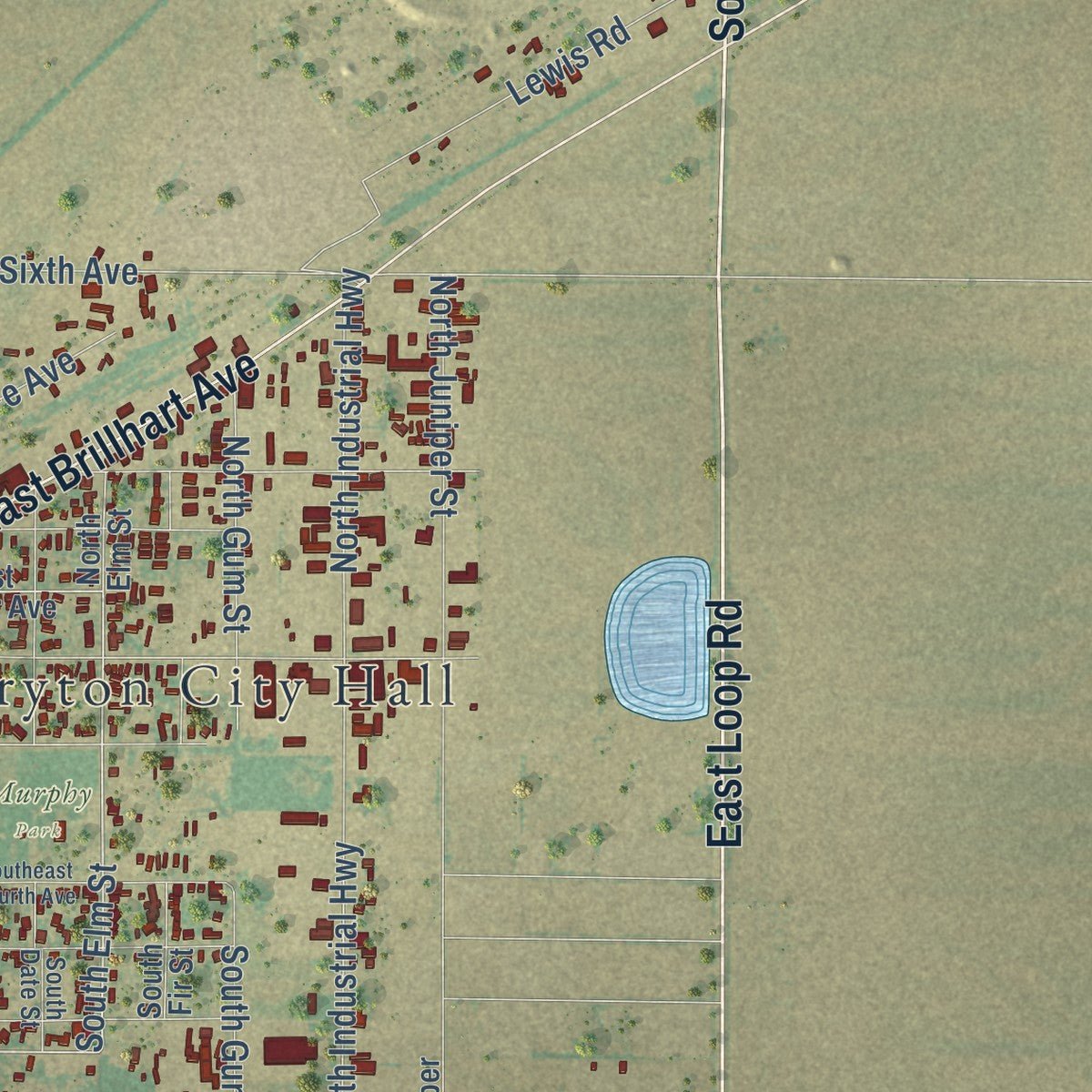 Second close-up of the map of Perryton, Texas print showing more streets and buildings