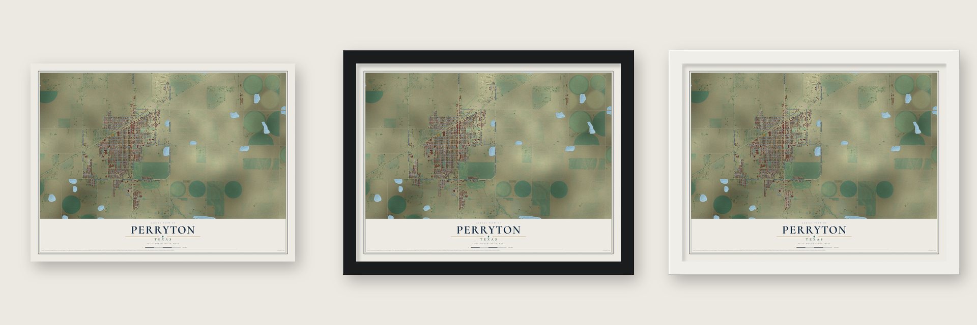 Perryton, Texas map unframed, in a black wood frame and in a white wood frame
