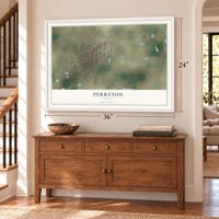 Perryton, Texas map, 24 x 36 inch print in a white frame above a dresser by a staircase
