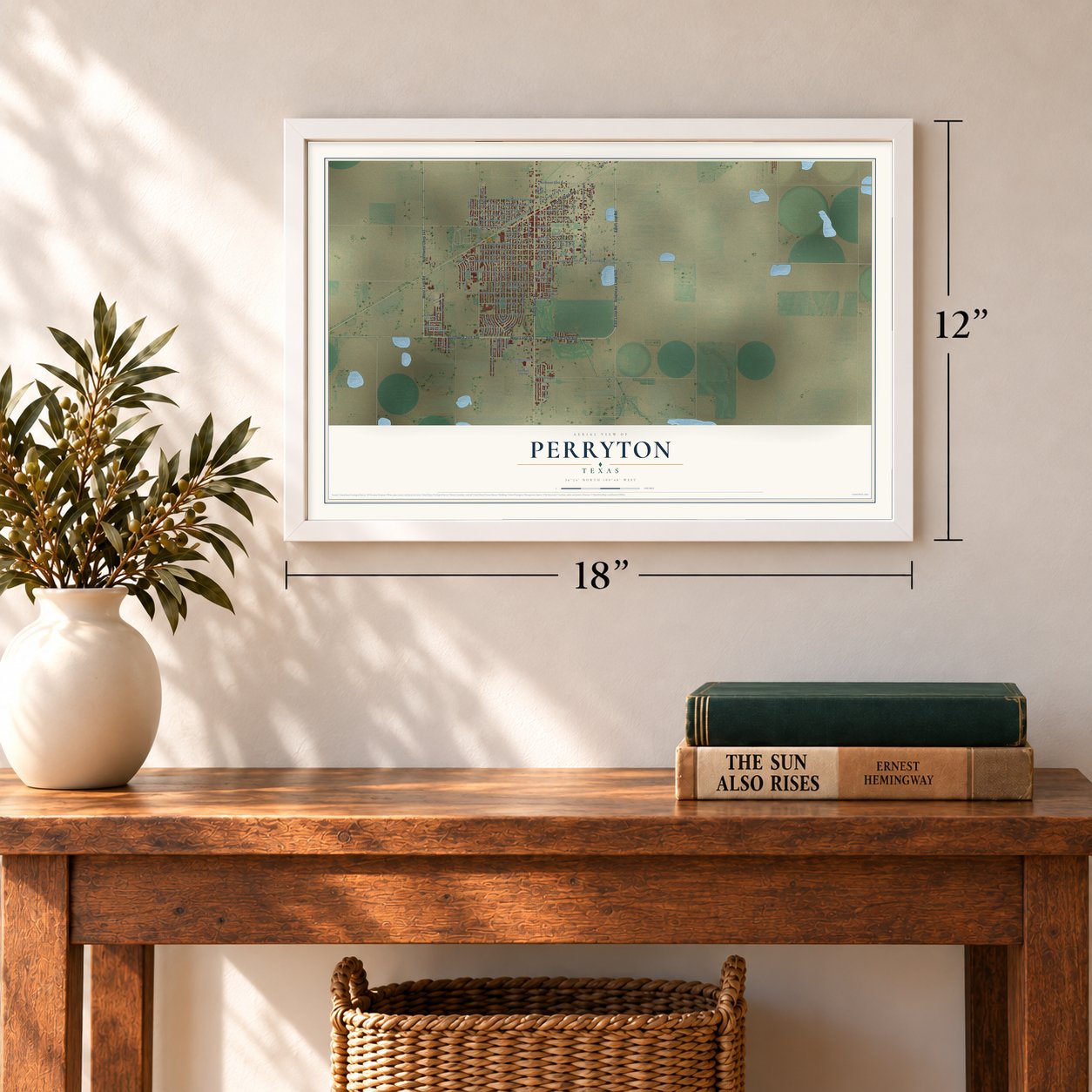 Perryton, Texas map, 12 x 18 inch print in a white frame in an entryway