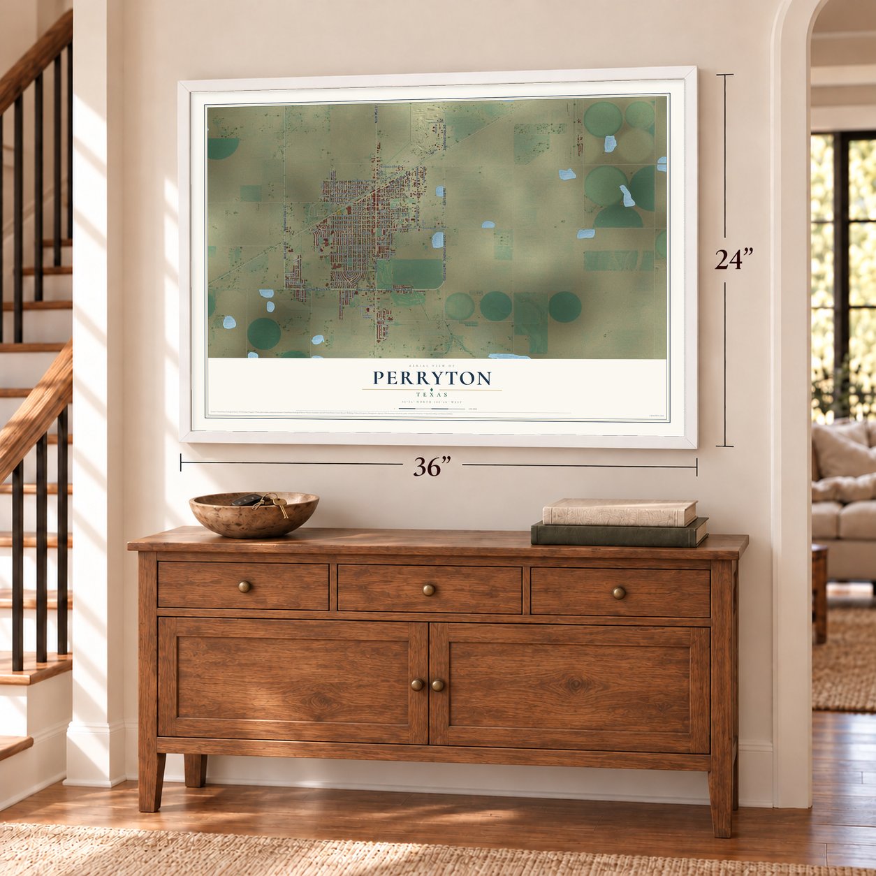 Perryton, Texas map, 24 x 36 inch print in a white frame above a dresser by a staircase