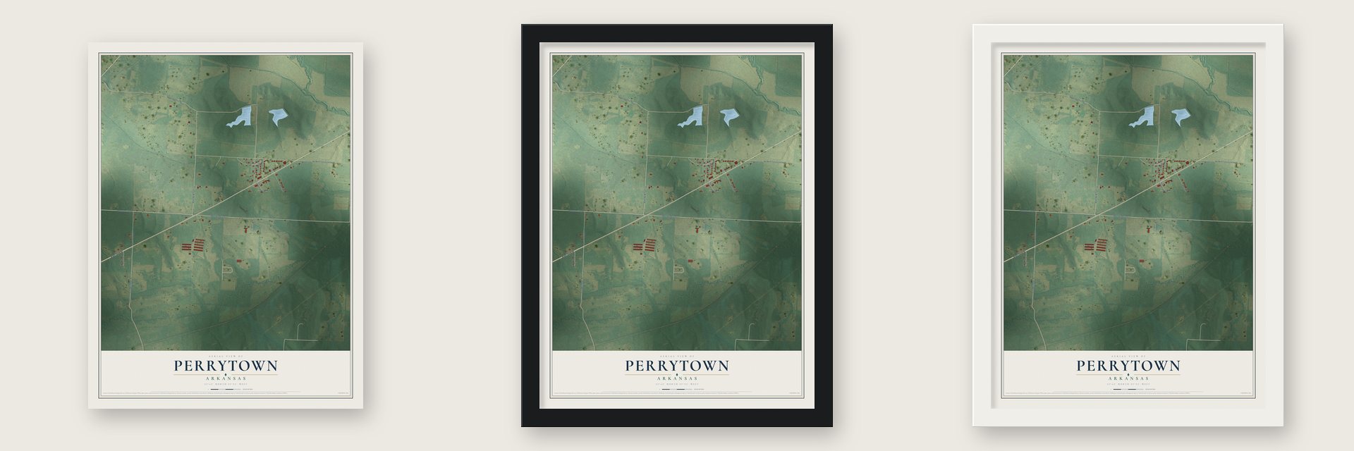 Perrytown, Arkansas map unframed, in a black wood frame and in a white wood frame