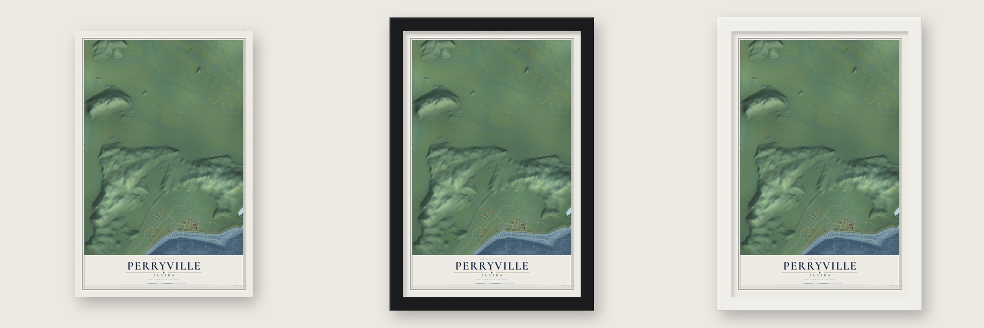 Perryville, Alaska map unframed, in a black wood frame and in a white wood frame