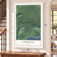 Perryville, Alaska map, 24 x 36 inch print in a white frame by a staircase