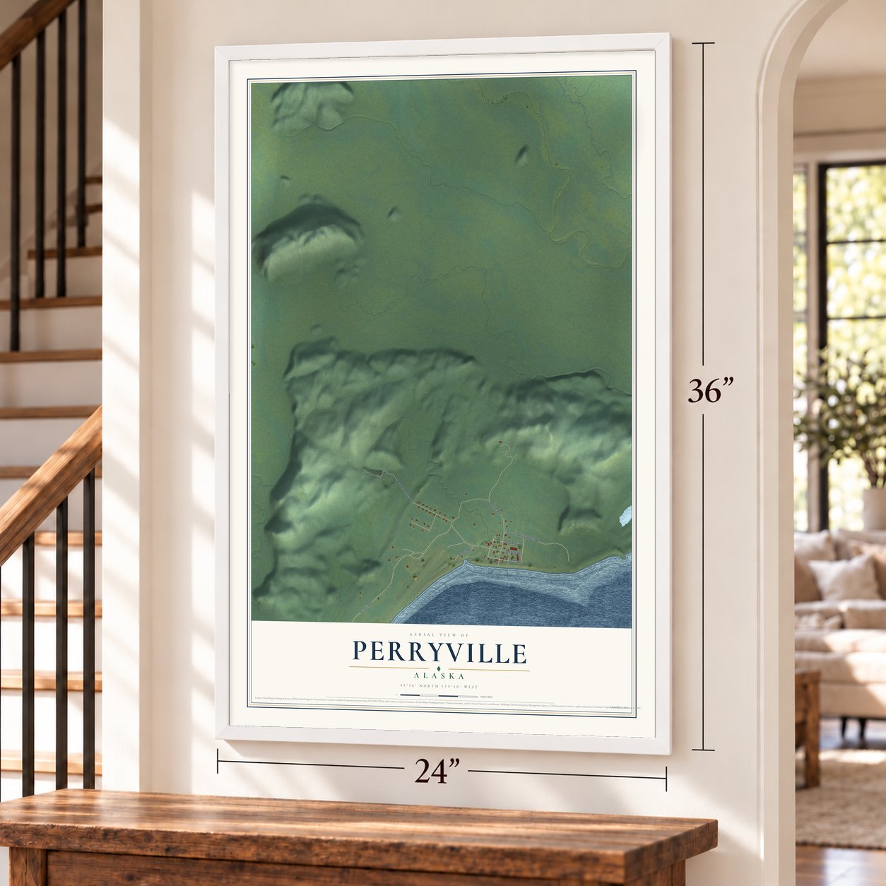 Perryville, Alaska map, 24 x 36 inch print in a white frame by a staircase