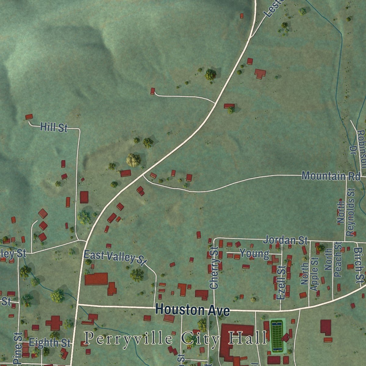 Second close-up of the map of Perryville, Arkansas print showing more streets and buildings