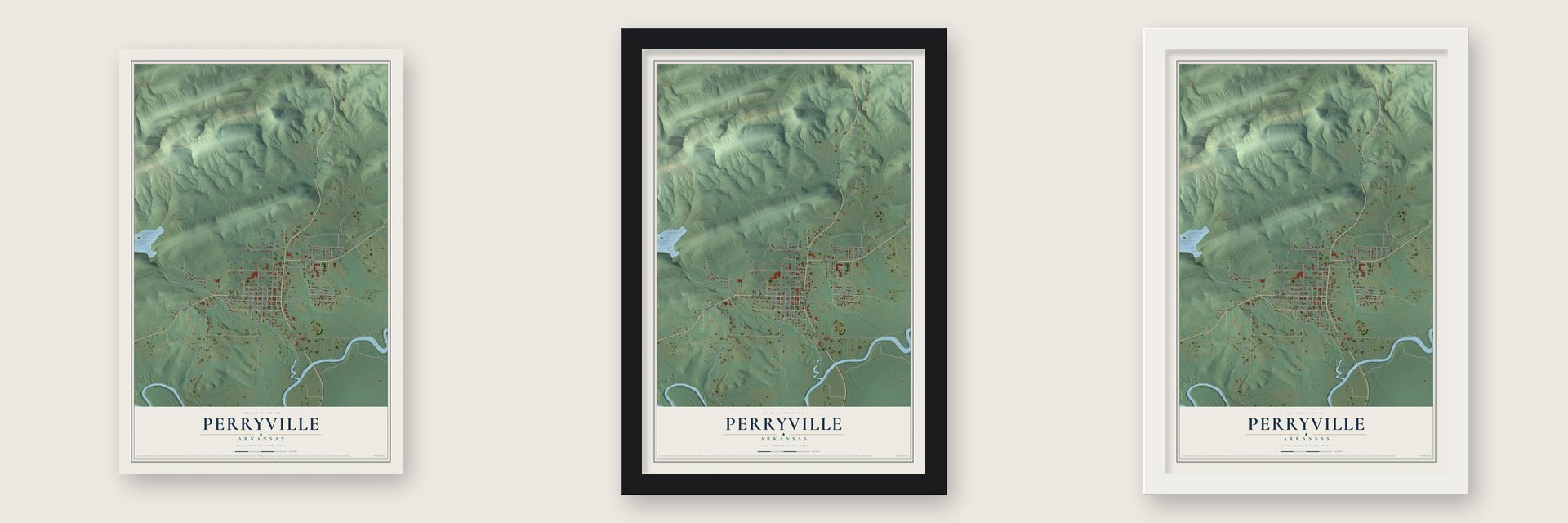 Perryville, Arkansas map unframed, in a black wood frame and in a white wood frame