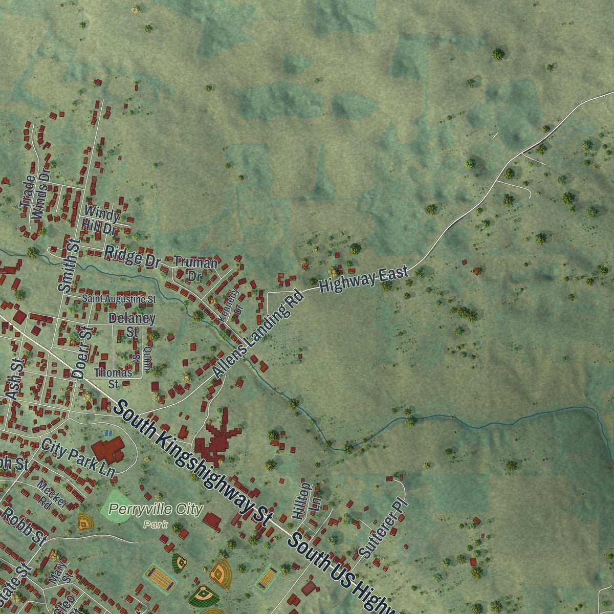 Second close-up of the map of Perryville, Missouri print showing more streets and buildings