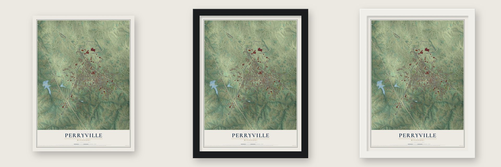 Perryville, Missouri map unframed, in a black wood frame and in a white wood frame